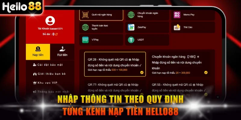 Nhập thông tin theo quy định từng kênh nạp tiền Hello88
